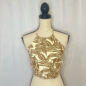 House of Harlow 1960 Natural Leaf Printed Halter Linen Crop Top